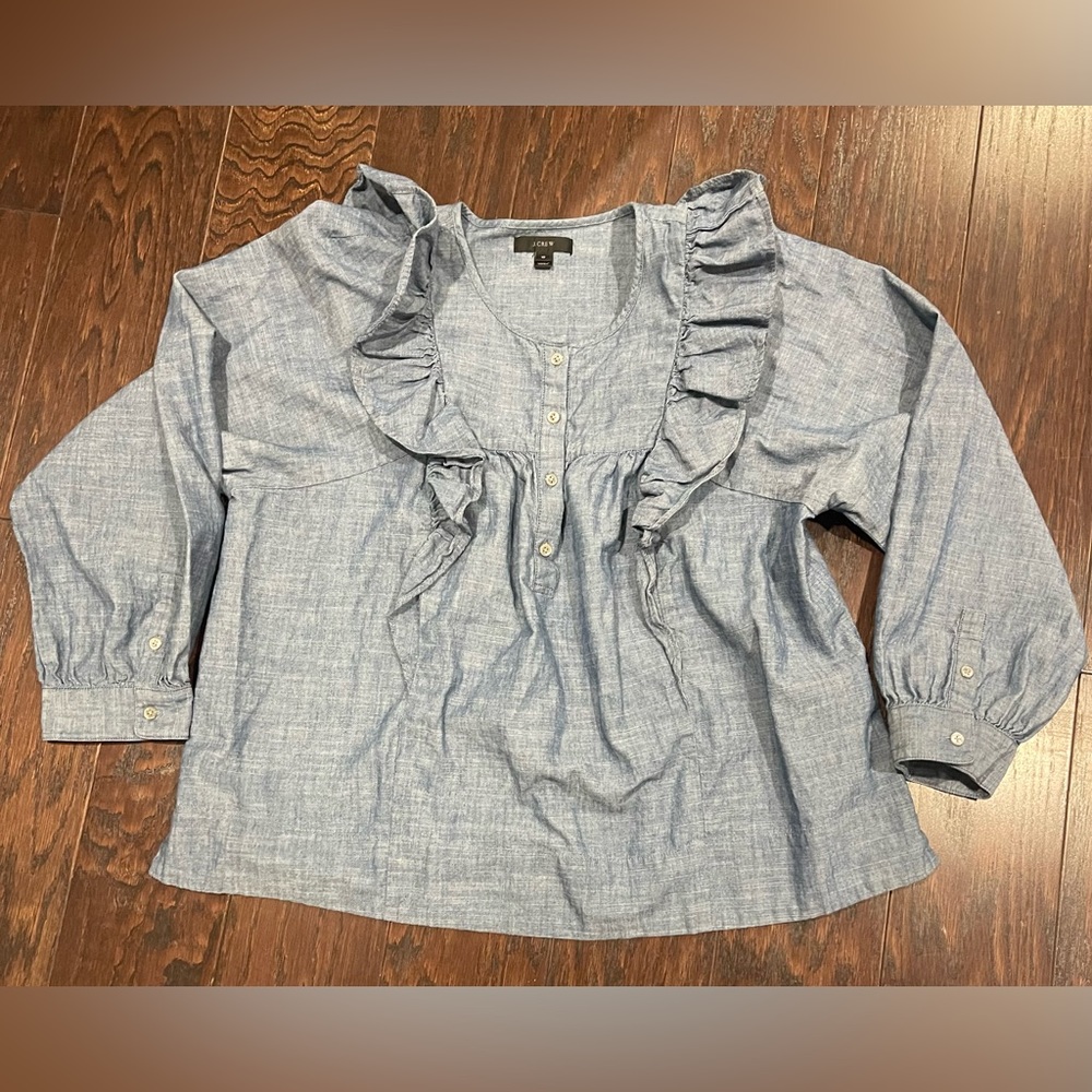 J Crew Top Womens 10 Blue Chambray Ruffle Front Henley Long Sleeve Cotton